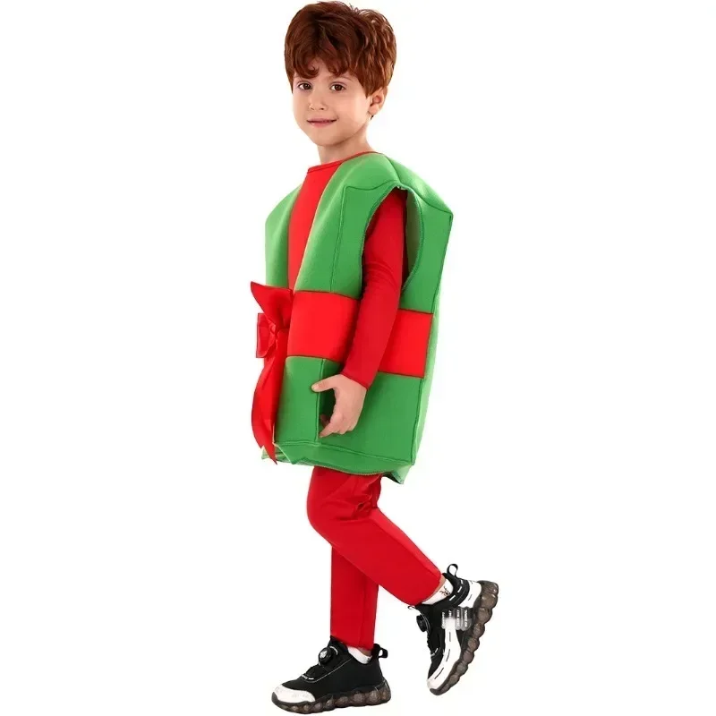 Kids Christmas Gift Boxes Cosplay Costumes Santa Claus Gift Box Stage Performance Outfit Xmas Boys Girls Dress Up School Party