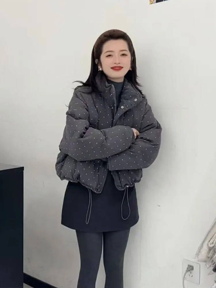 

Корейская ретро-куртка с воротником-стойкой в горошек, утепленная, из хлопка, для женщин, зимняя, новая, теплая, хлопковая одежда