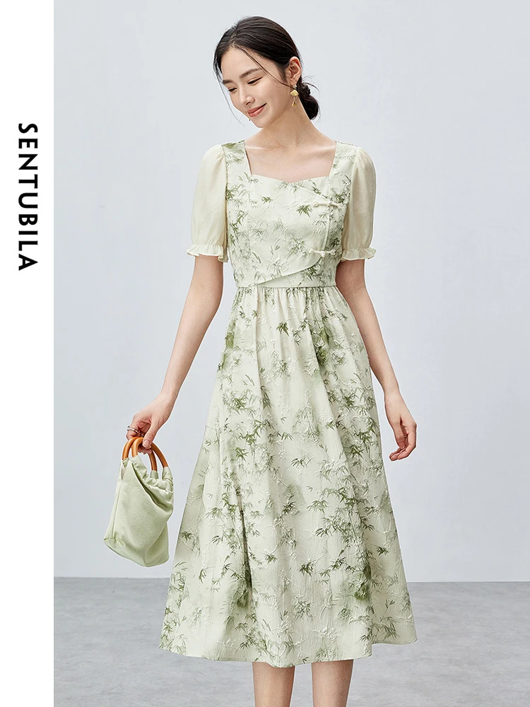 

SENTUBILA Summer Printed Midi Dress for Woman 2024 New Chinese Style Square Collar Gentle A-line Puff Sleeve Dresses 142L55226