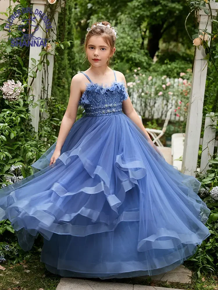 Blue Flower Girl Dress for Weddings Exquisite A-LINE Sleeveless Sweetheart Floor-Length Princess Dress for Girls 1-13