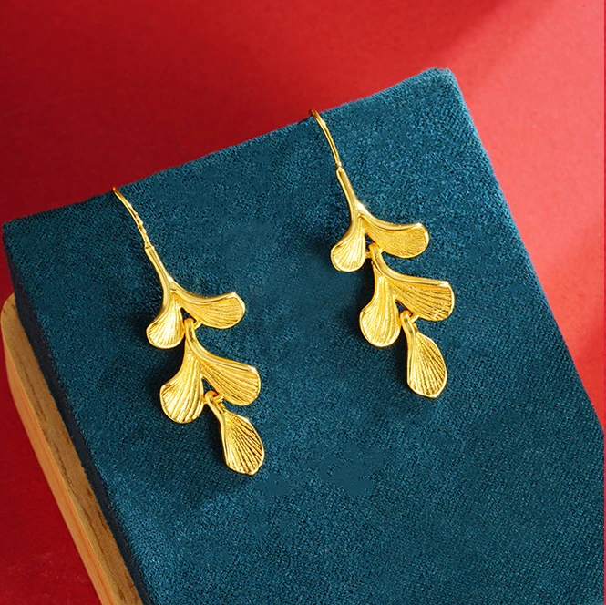 

Luxury Pure 24 K Gold Color Ginkgo Leaf Earrings for Women Popular Simple Wind Leaves Fresh Earrings Jewelry Not Fade