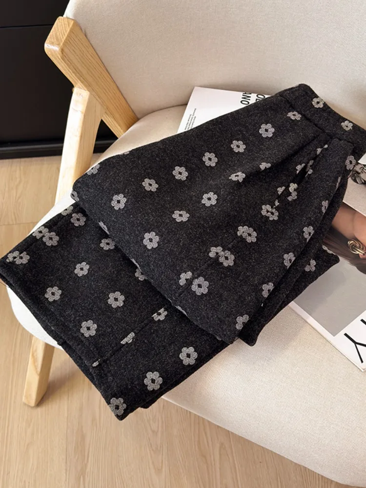 Damskie zimowe ocieplane spodnie z szerokimi nogawkami, haftowane kwiatami, z wysokim stanem, o prostym kroju, wyszczuplające, codzienne spodnie.