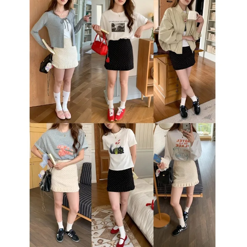 Korean-style Ruffled Women Black Polka Dot Mini Skirt Ruffled Hem High Waist Skirt Cute Casual Summer Skirt For Women FIDV