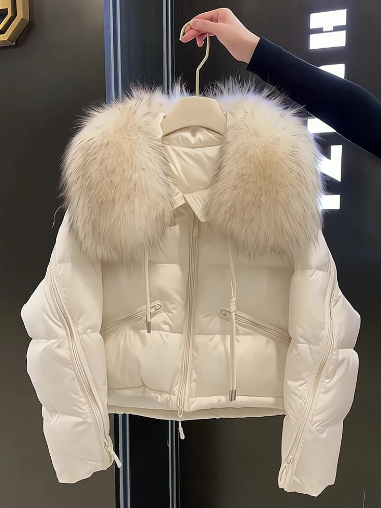 

Корейский хлопковый джет на молнии, женский зимний дизайн, простое теплое пальто для похудения, топ с большим меховым воротником