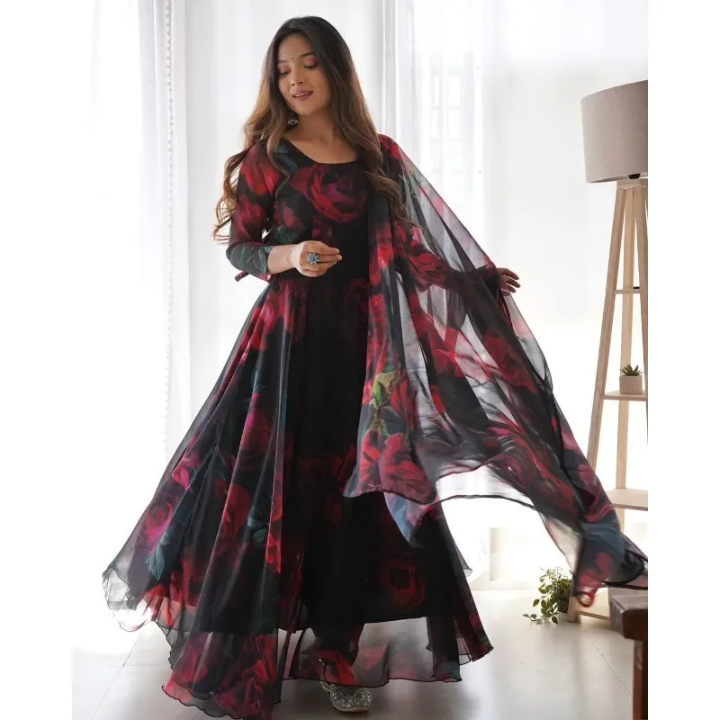 

Длинное платье из органзы Anarkali, одежда для парадной носки, костюм Kurti, брюки и платье дупатта