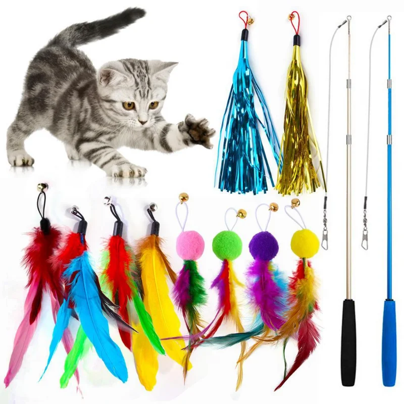 Cat Interactive Toy Feather Teaser Stick Wand Pet Retractable Feather Bell Refill Replacement Catcher Product for Cat Exercise