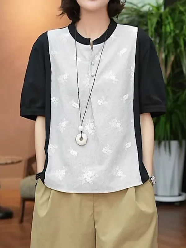 

Fashionable Color Block Short Sleeve T-Shirt Women Loose Cover Belly Anti-Aging Half Sleeve Top Korean Style round Neck Shirt