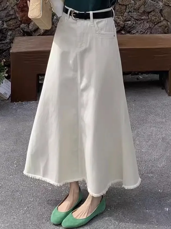 Taille haute a-ligne Fi queue jupe femme Denim jupe Midi avec ourlet effiloché trajet Sle été Faion grande taille