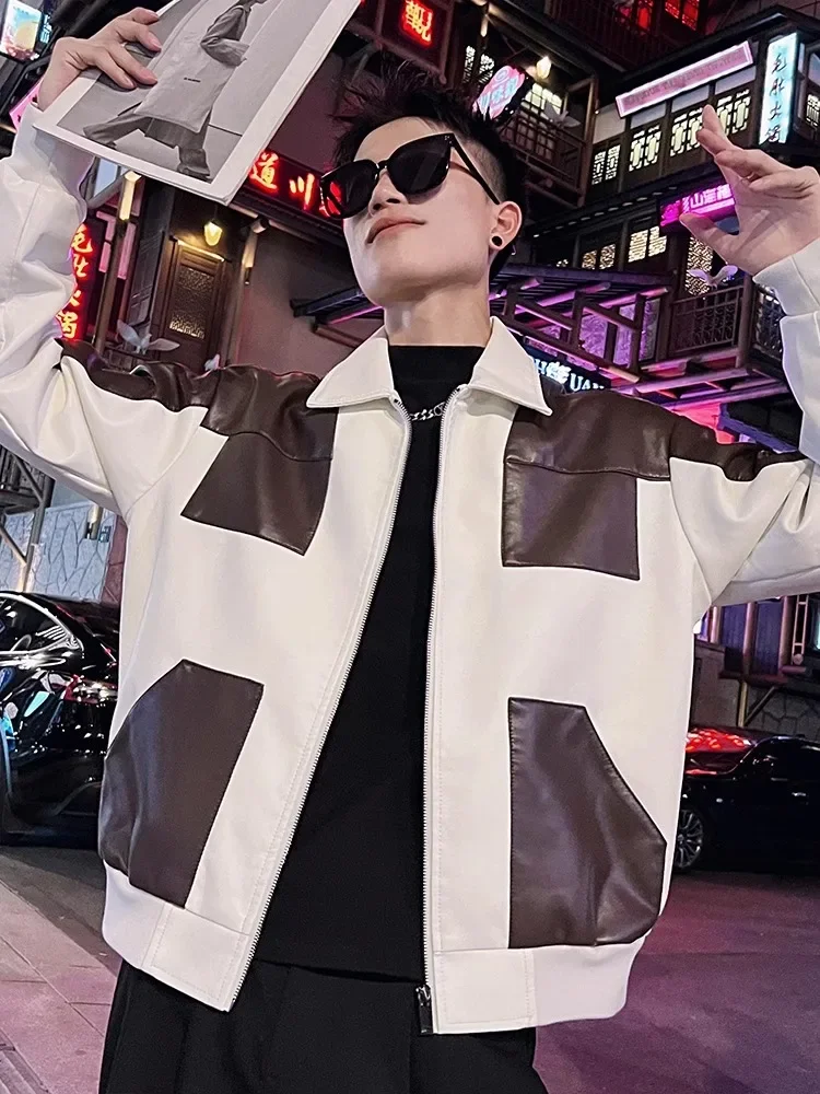 New Autumn Maillard Contrast Leather Jackets Men Loose Casual Streetwear Motorcycle Jacket Lapel Social Hip Hop Harajuku Coat