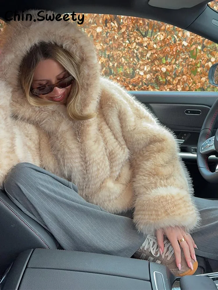 Street Hooded Faux Fur Coat Women Loose Full Sleeve Thicken Fluffy Overcoats Female 2025 Autumn Winter Lady Warm Luxury Outwear