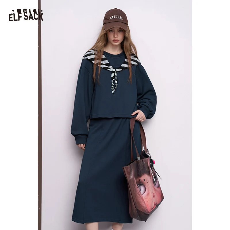 

ELFSACK 2025, осенние новые поступления, повседневный лоскутный комплект из двух предметов в полоску, юбка с капюшоном, домашняя одежда для женщин