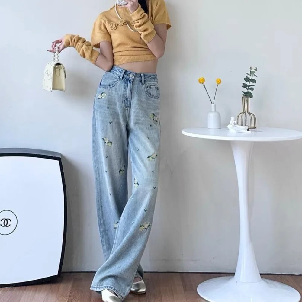 Women's 2024 Spring Summer New Heavy Industry Embroidered Wide Leg High Waist Loose Hot Drilled Floor Pants Dopamine Pants Jeans