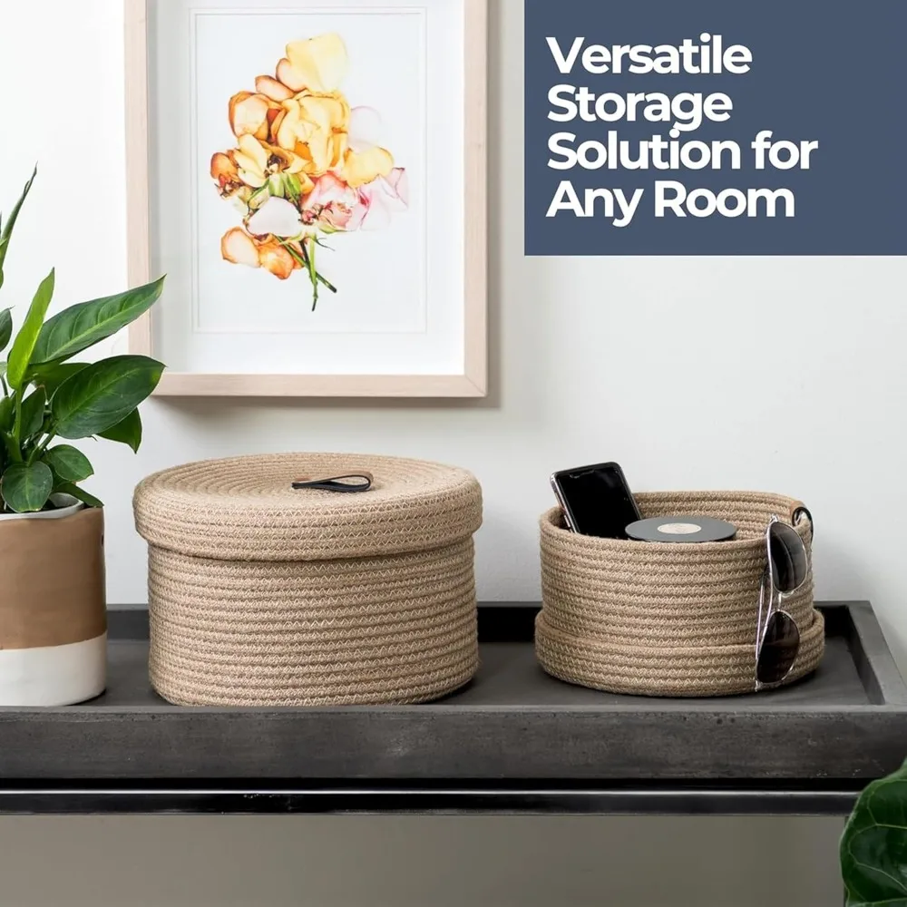 Round Baskets with Lids - Set of 2 Decorative Jute Baskets with Lids for Organizing - Natural Jute Rope Lidded Baskets