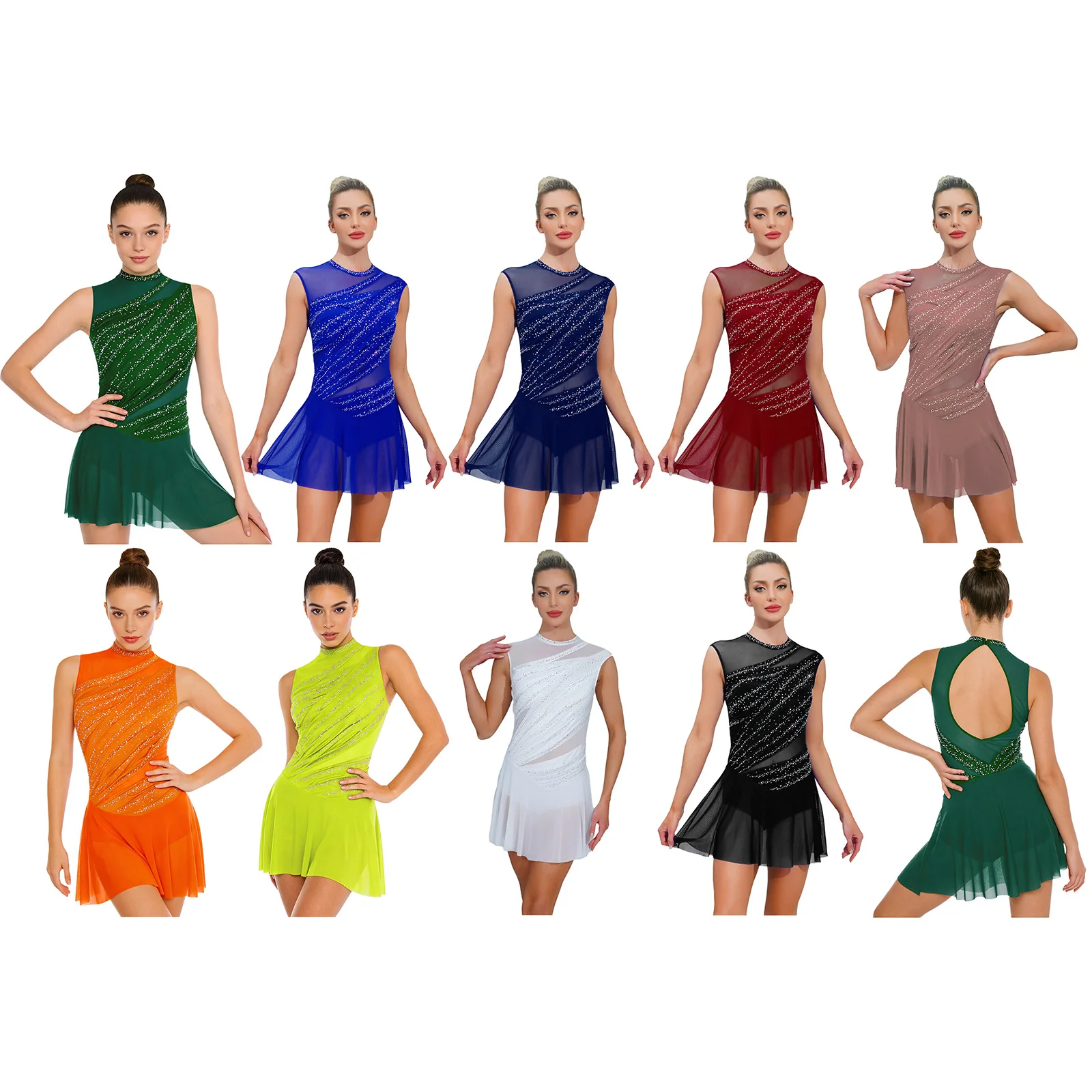 Women Figure Skating Leotard Dress Sleeveless Shiny Rhinestone Mesh Dancewear for Lyrical Dance Ballet Gymnastics Acrobatics