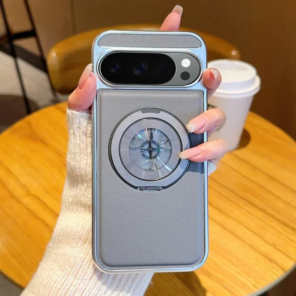 

Plain Leather Phone Case for Google Pixel 10 Pro XL Pixel9 9A 8 Pro Magnetic Release Pressure Gear Rotating Bracket Ring Cover