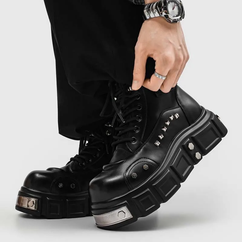 men's fashion punk stage platform boots black designer shoes cowboy natural leather boot spring autumn trendy cool ankle botas