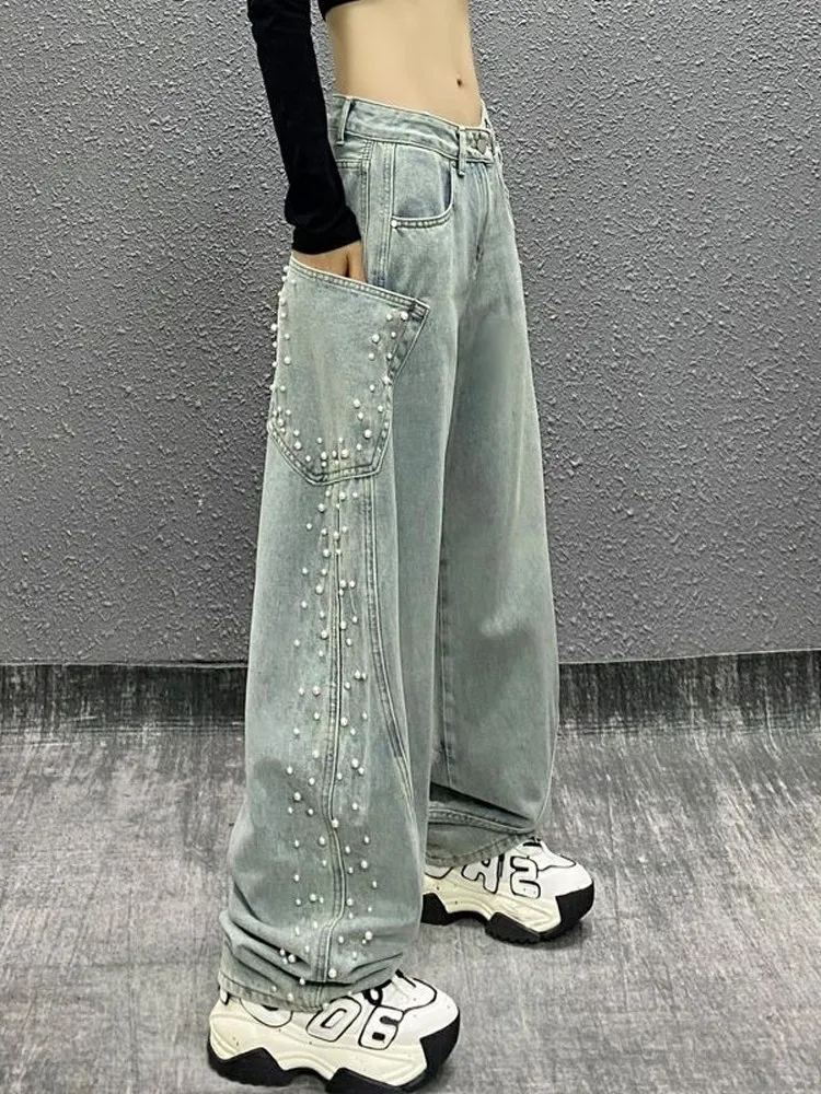 

2025 Spring New Loose Straight High Street Wide Leg Denim Trousers Unique Pearl Side Large Pocket Design Fashion Pants