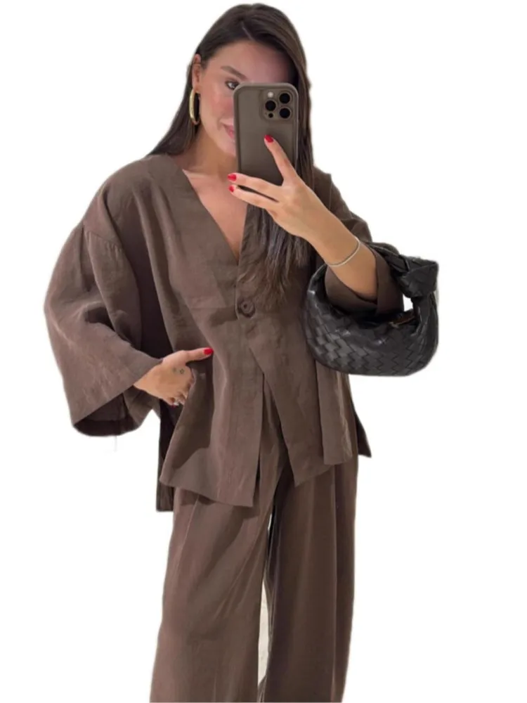 캐주얼 여성 린넨 루즈 셔츠 팬츠 세트 패션 싱글 브레스티드 블라우스 와이드 레그 팬츠 수트 여름 여성 2피스 의상