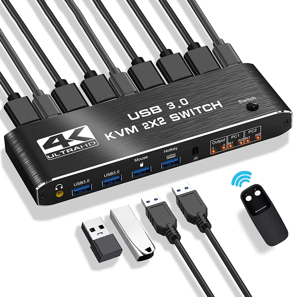 

Двойной монитор HDMI KVM переключатель 2 в 2 выход 4K 60 Гц USB 3,0 KVM переключатель 2x2 смешанный дисплей 2 монитора 2 компьютера для ПК ноутбука