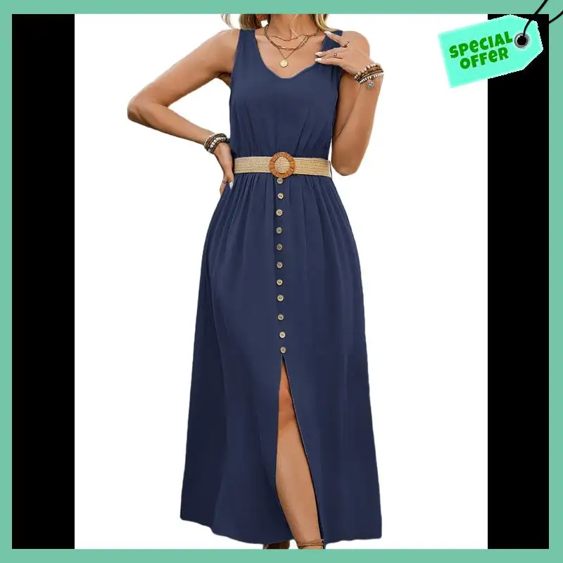 

Sturdy Womens Summer Dresses 2025 Sleeveless Button Down Waist Casual A-Line Swing Midi Dress Sundress