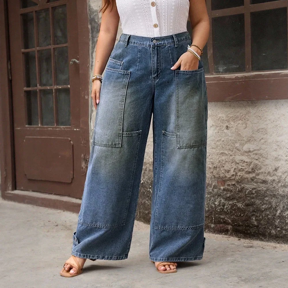 Plus Size Women Jeans High Waist Loose Wide Leg Pants Vintage Retro Casual Long Trousers For Curvy Ladies