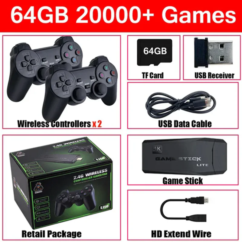 وحدة تحكم ألعاب فيديو M8 ريترو HD 4K TV Game Stick Console 64 جيجابايت مع 20,000 لعبة ريترو و2 وسادات ألعاب لاسلكية كهدية للأطفال