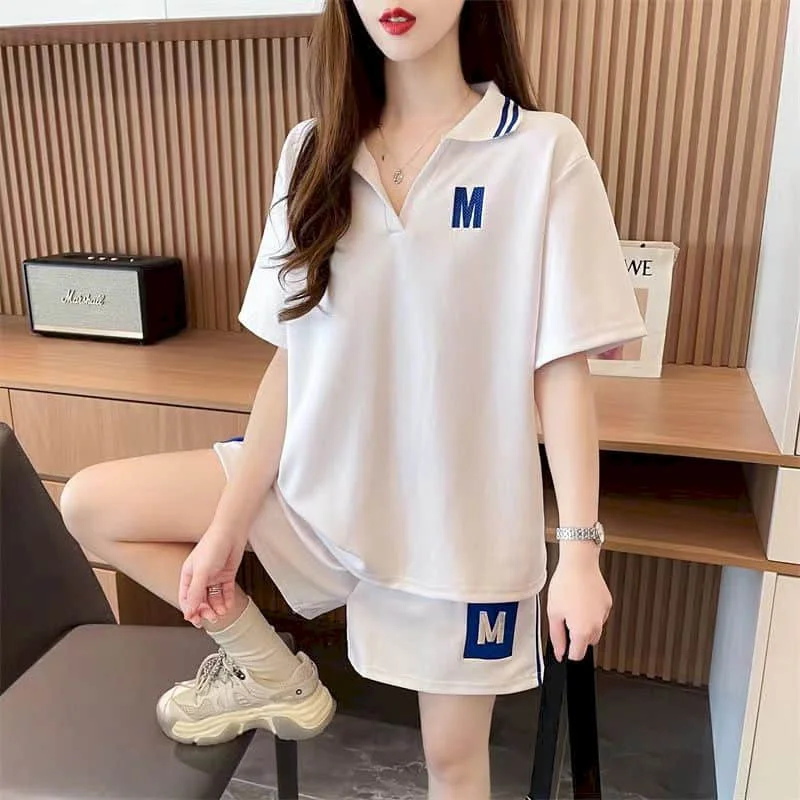 

Женский спортивный костюм с шортами, футболка с коротким рукавом и воротником-поло и повседневные короткие брюки, летний свободный комплект из 2 предметов в Корейском стиле, женская одежда
