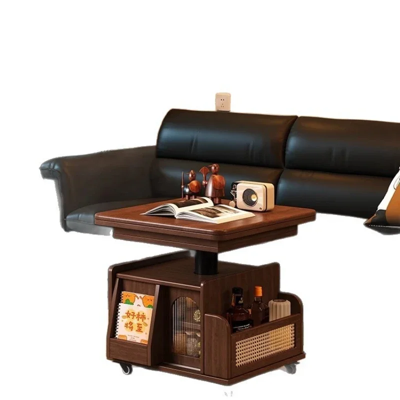 Lifting edge folding mobile cart solid wood tea table small apartment living room multi-functional sofa dining table two