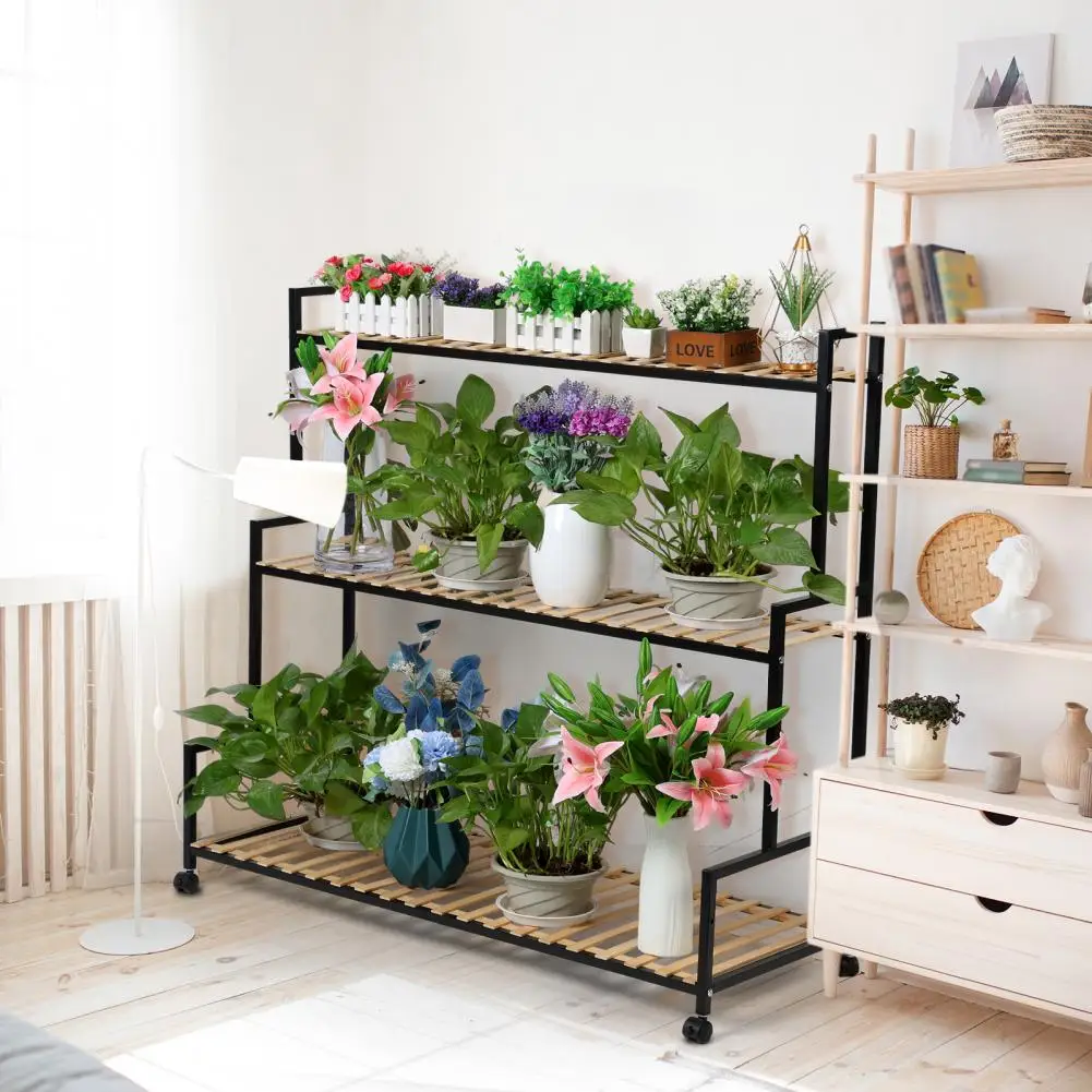 Plant Rack Stepped-wedge Design Easy To Install Indoor Plant Shelf 3 Tier 360 Degree Wheels Large Capacity Plant Flower Shelf