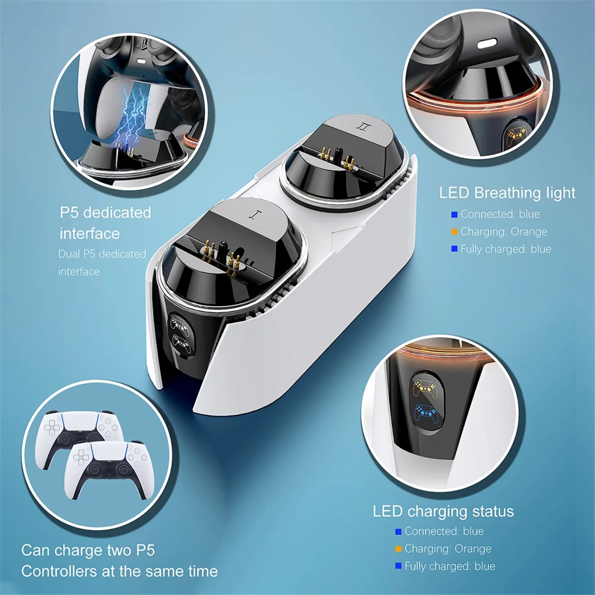 A39R-Dual Fast Charger for PS5 Controller Charger Station Charging Cradle Dock Station with LED Indicator for PS5 Dualsense