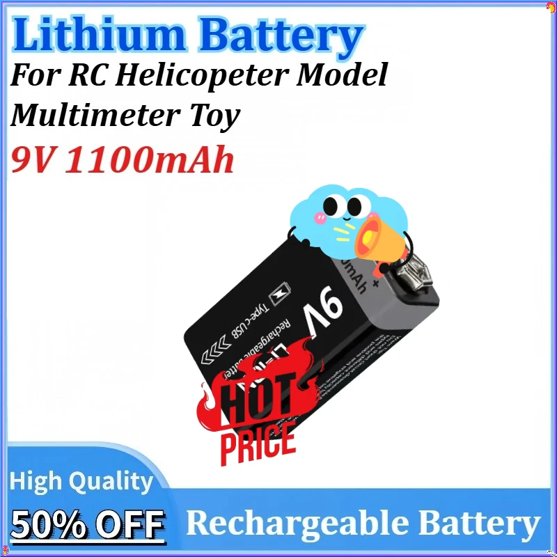 

For RC Helicopeter Model Multimeter Toy New 9V 1100mAh Rechargeable Battery USB Type-C Rechargeable for 6F22 9V Li-ion Battery