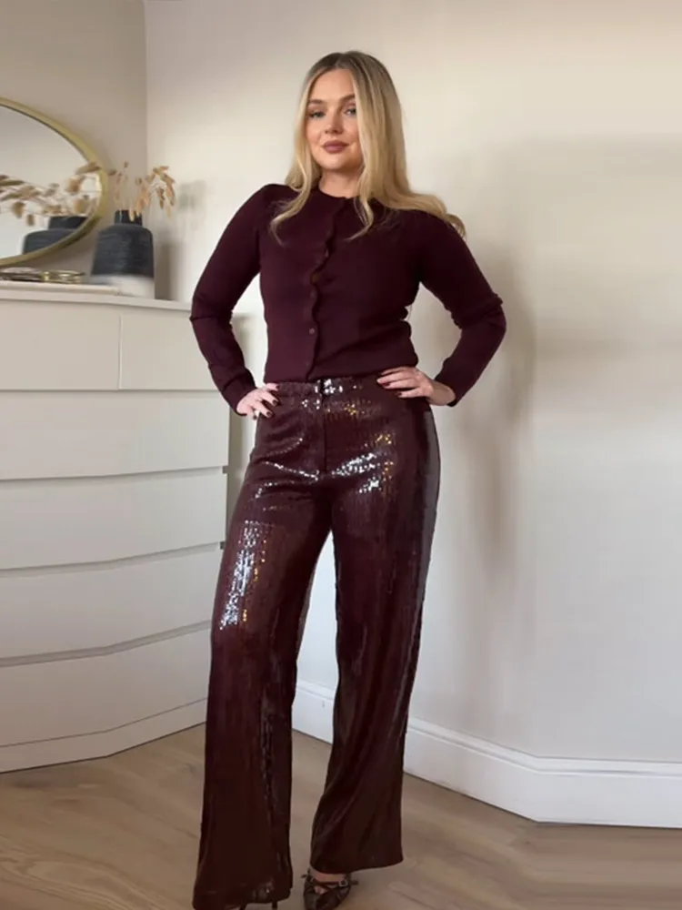 Glitter Leather Burgundy Pants For Women Fashion Elastic High Waist Loose Long Trousers Female 2025 Spring High Street Pant