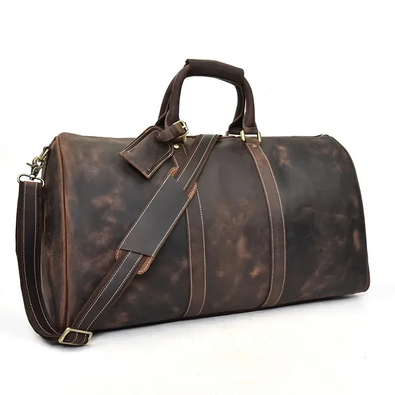 Vintage Men Genuine Leather Travel Bag Travel Tote Big Weekend Bag Man Cowskin Duffle Bag Hand Luggage Male Handbags Large 60cm