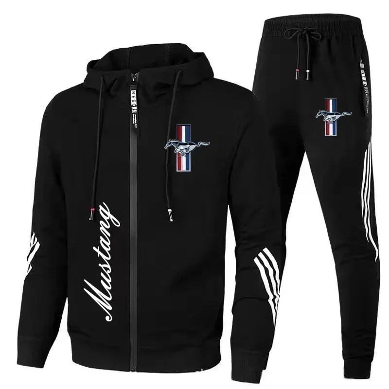 New Men Sportswear Ford Mustang Auto Logo Printed Hood Sweatshirt Pants Casual Fit Running Fitness Men Sportkle 2hp