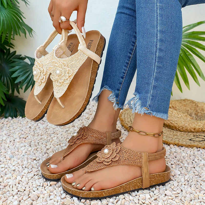 

Women's Bohemian Floral Pearl Flip Flop Sandals, Cork Platform T‑strap Flat Sandals, Casual Back Strap Thong Shoes for Beach