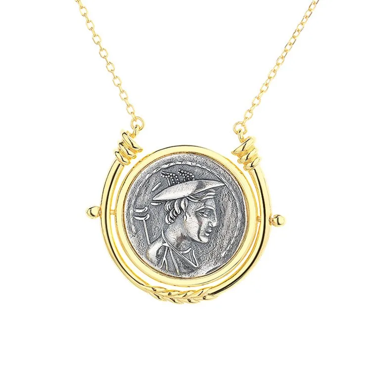 

HEMO-1 ZFSILVER 925 Sterling Silver Fashion Roman Mercury Retro Gold Ancient Coin Necklace For Women Party Wedding Chram Jewelry