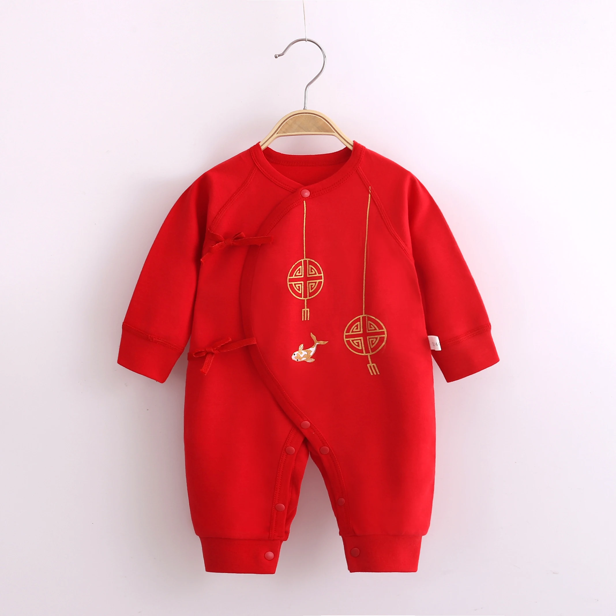 Baby Full-Month Outfit for Boys and Girls, Red Chinese-Style Tie-Front Monk-Style Romper for New Year, Newborn Clothing