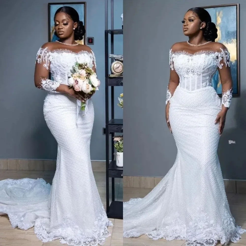 

Customzied African Mermaid Wedding Dresses Elegant Sheer Long Sleeves Bridal Gowns O-neck Applique Reception Dress