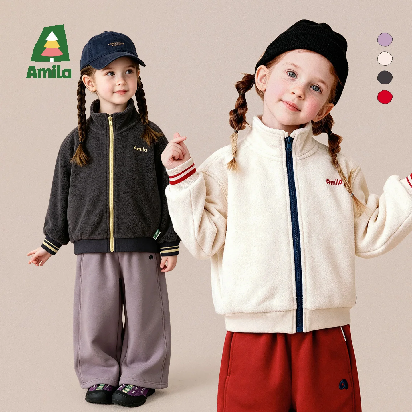 Amila 2026 Winter New Kids Fleece Jacket Stand Collar Zip Warm Lock Thermal Embroidery Soft Comfortable Daily Versatile Top