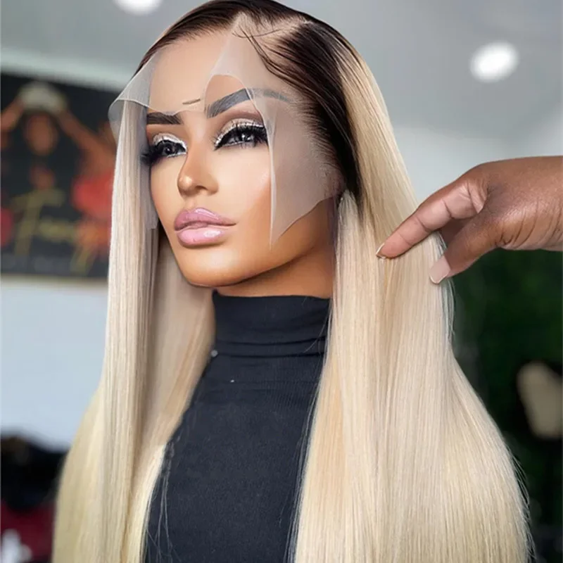 Perruque Lace Front Wig sans colle lisse et douce, cheveux de bébé, blond ombré, densité 180%, 26 pouces, 613, pre-plucked, pour femmes noires, degré de chaleur