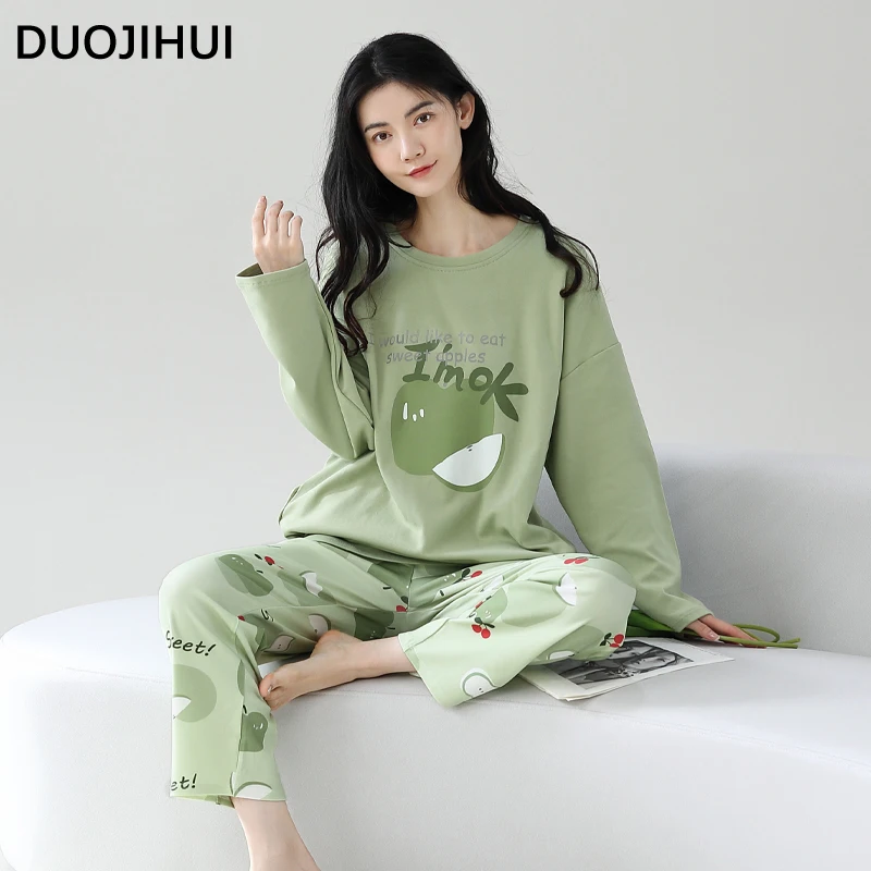 DUOJIHUI-Pijama informal con estampado para mujer, jersey básico de cuello redondo, pantalón sencillo holgado, Color puro, Color verde