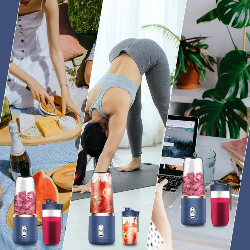 Frullatore personale compatto mini blu portatile ricaricabile tramite USB per frullati più crepe e frullati più lisci, con tazza da viaggio da 2 pezzi -