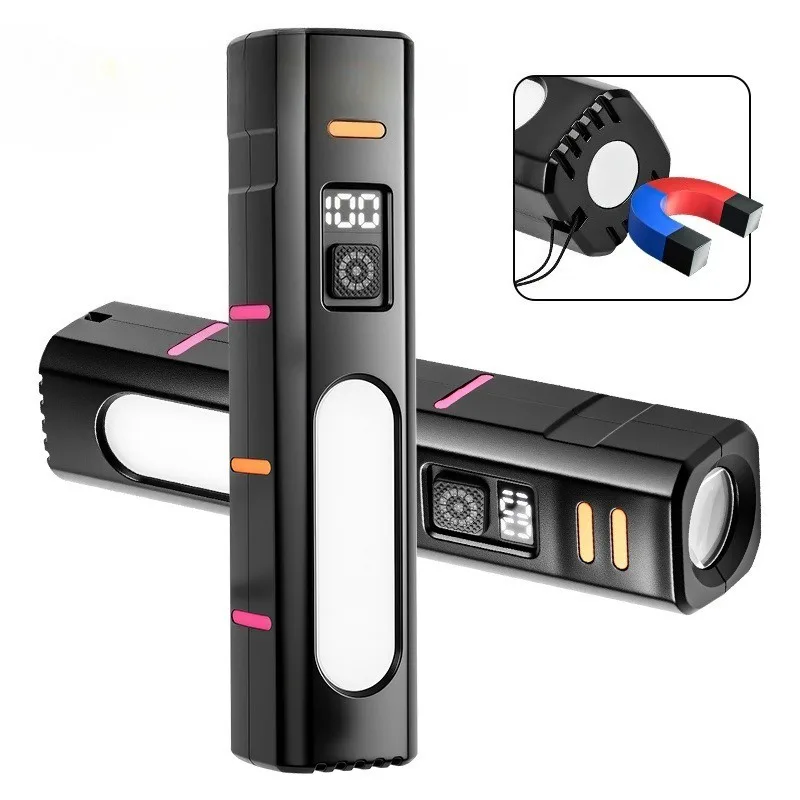 XHP50 High Bright LED Flashlight with Red Blue Warning Light  LED Side Lamp Type-C Charging Fluorescent Strip Outdoor Light