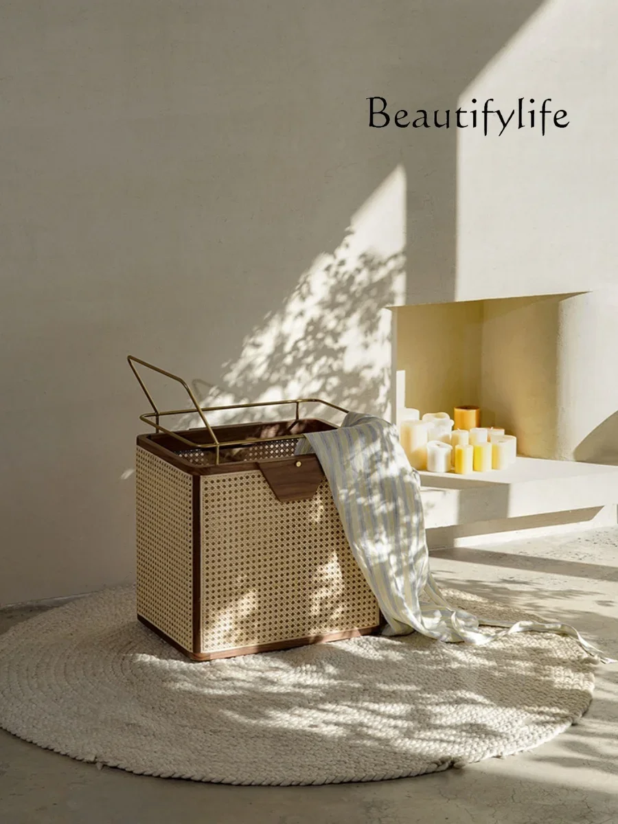 

Nordic modern black walnut rattan dirty laundry basket storage trolley bedroom