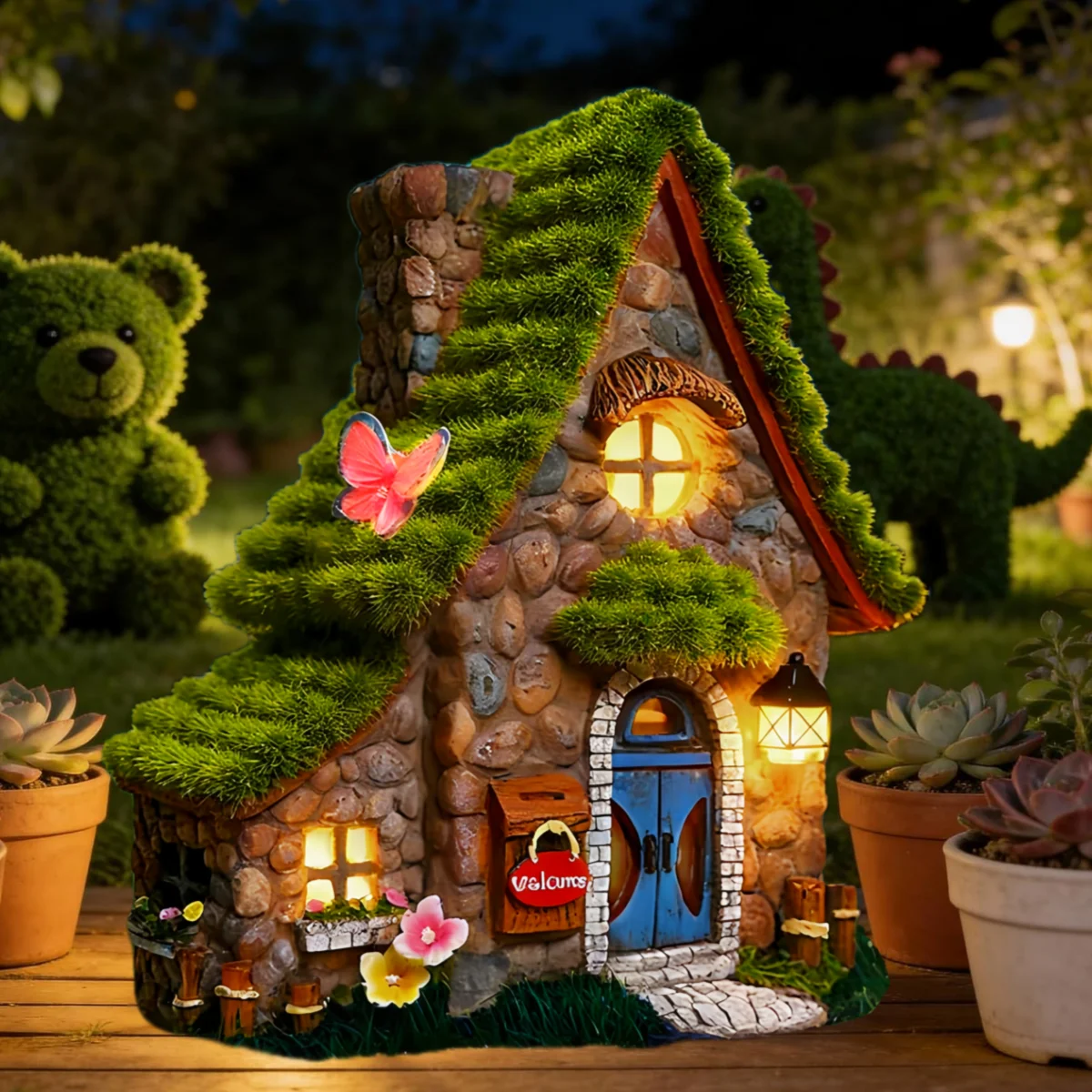 Outdoor Garden Solar Statue Light, Resin Fairy Flocked House Statues with Solar Powered Lights, Funny Garden Sculptures with Flocked and Cobblestone Decor Light, for Patio Lawn Yard Patio Home Decor