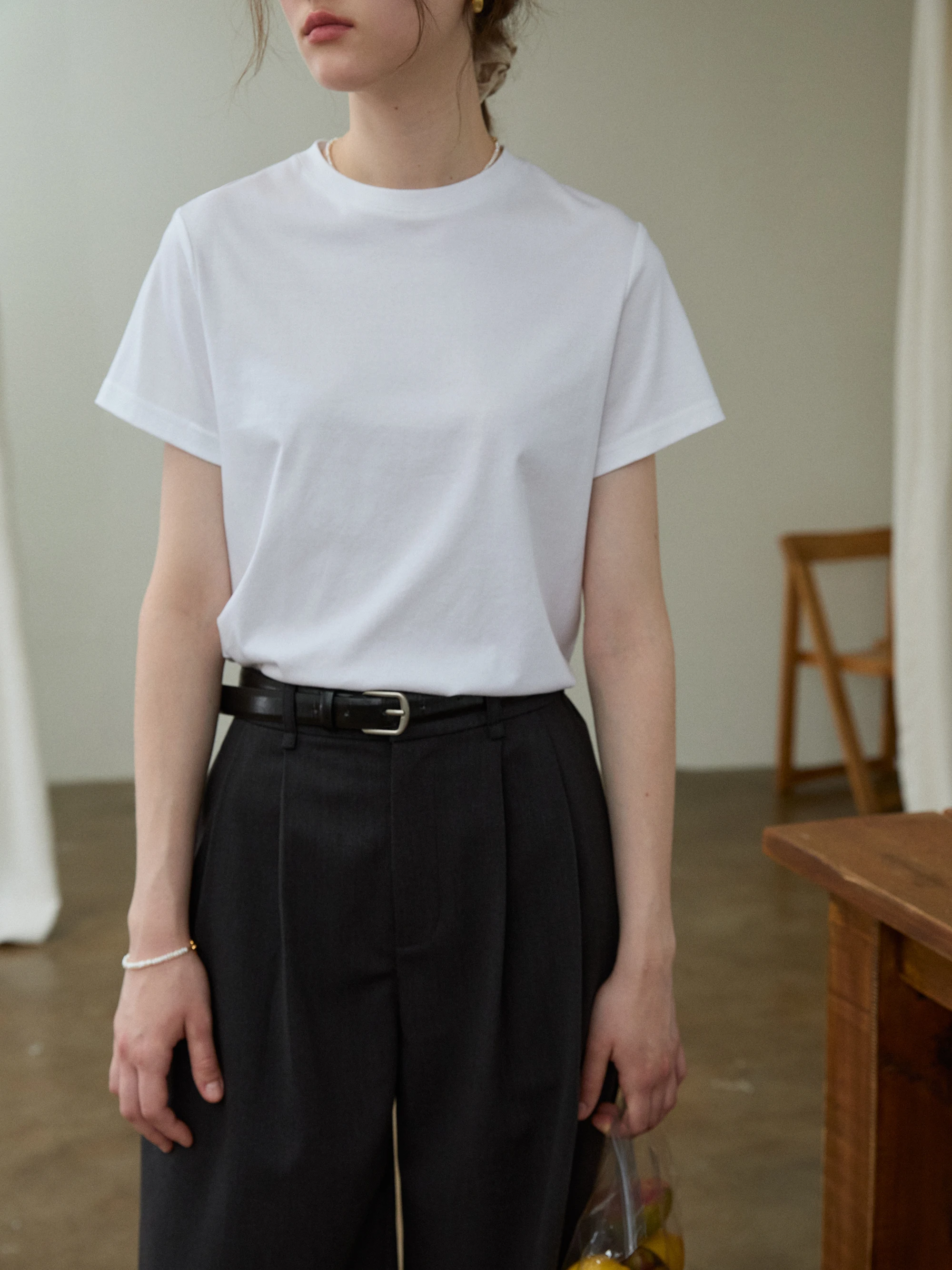 Classic round Neck Short Sleeve T-Shirt Women's Loose Fit Pure Cotton Shoulder Width Regular Length Summer Top White Versatile