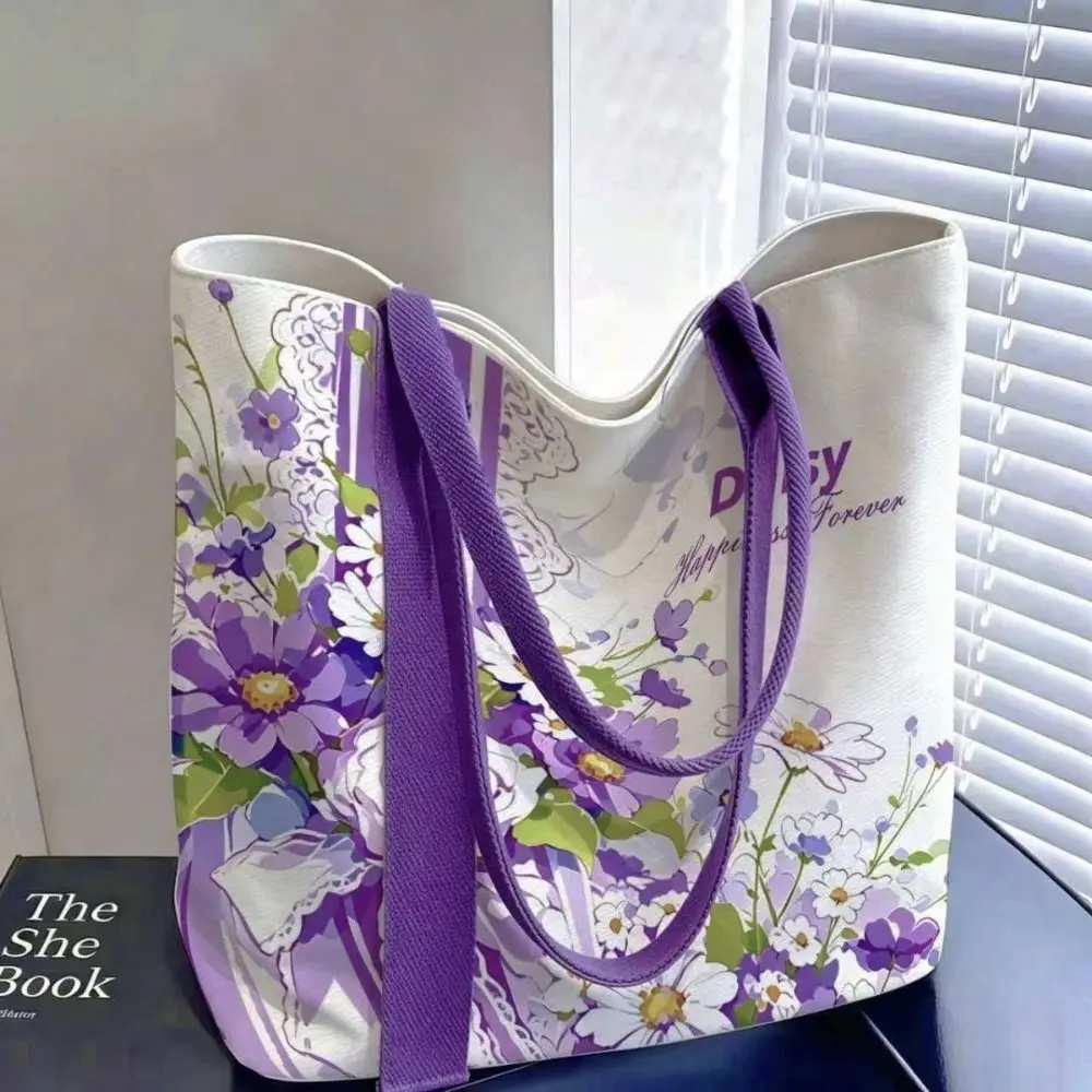 Durable Floral Canvas Bag Large Capacity Lightweight Shoulder Bag Reusable Versatile Tote Bag Women's Accessories
