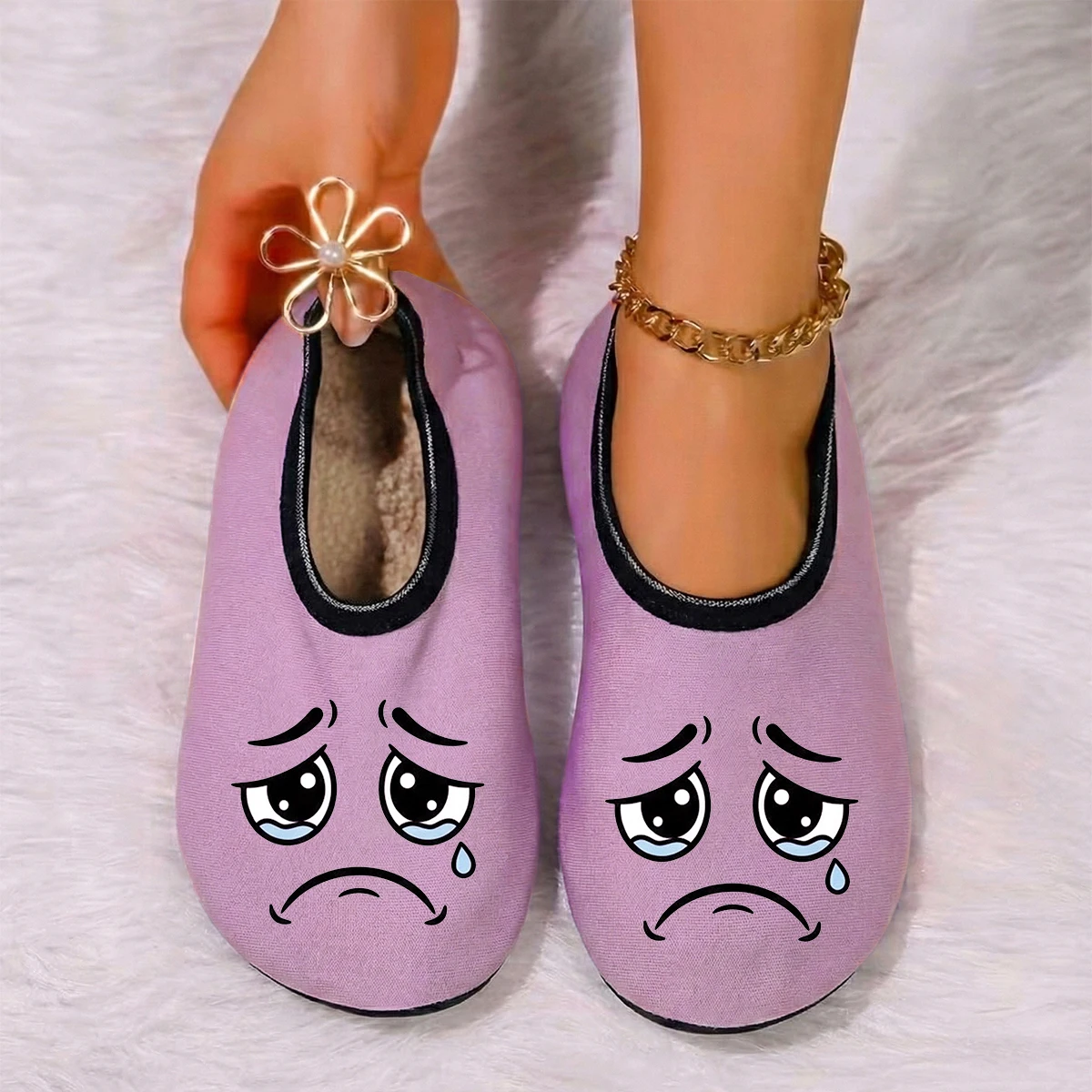

Four season wearable women's cartoon expression printed suede breathable high elasticity indoor anti slip floor slippers