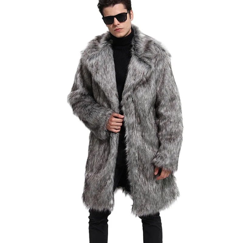 Faux Fur Patchwork Men Fur Outerwear Turn Down Collar Coat Cardigan Jackets Long Sleeve Thick Warm Fur Hgh Spliced 2025 Winter