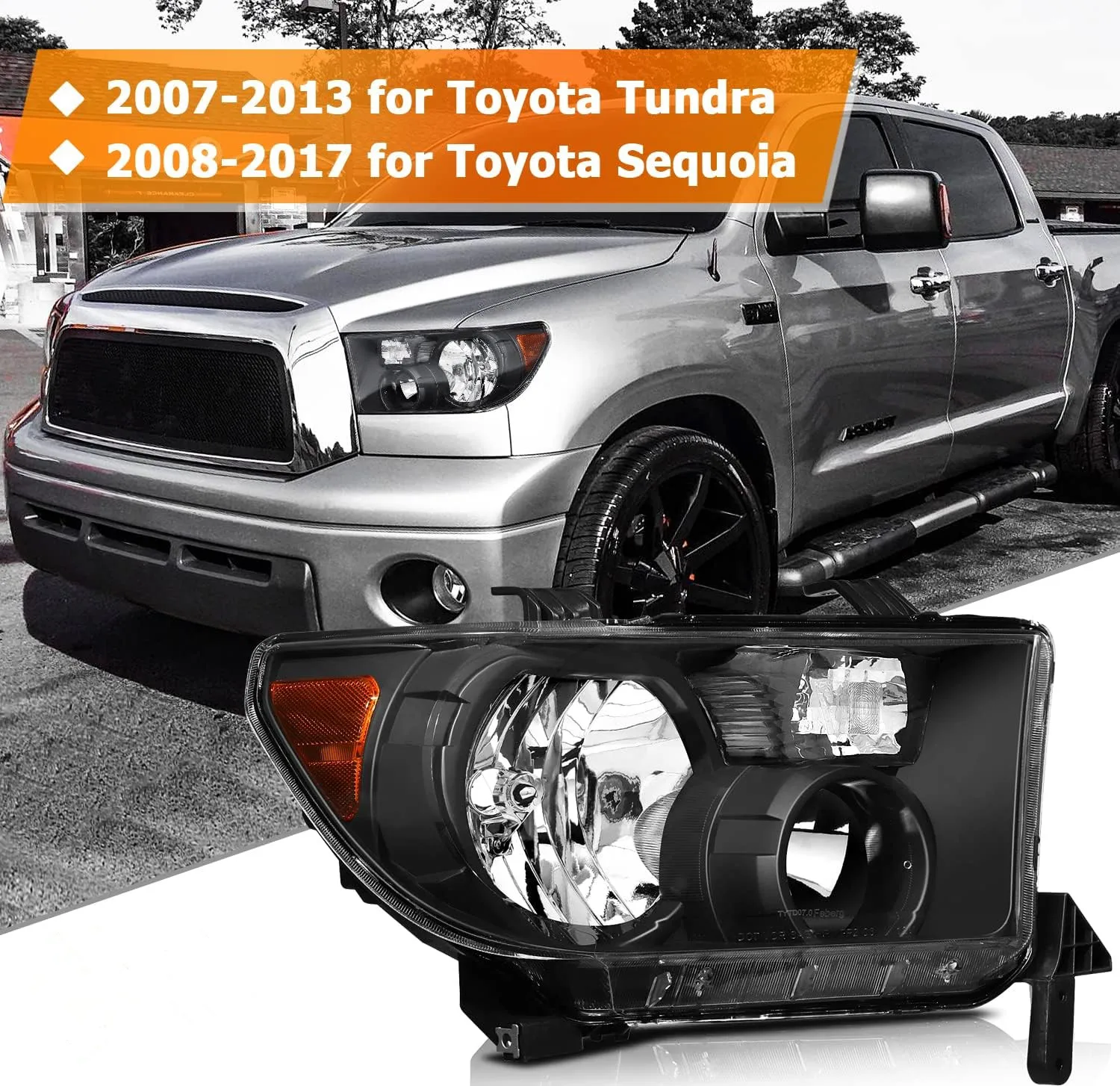 Sulinso Headlight Assembly For Toyota Sequoia 2008-2017 For Toyota Tundra 2007-2013 Black Housing Amber Reflector Clear Lens